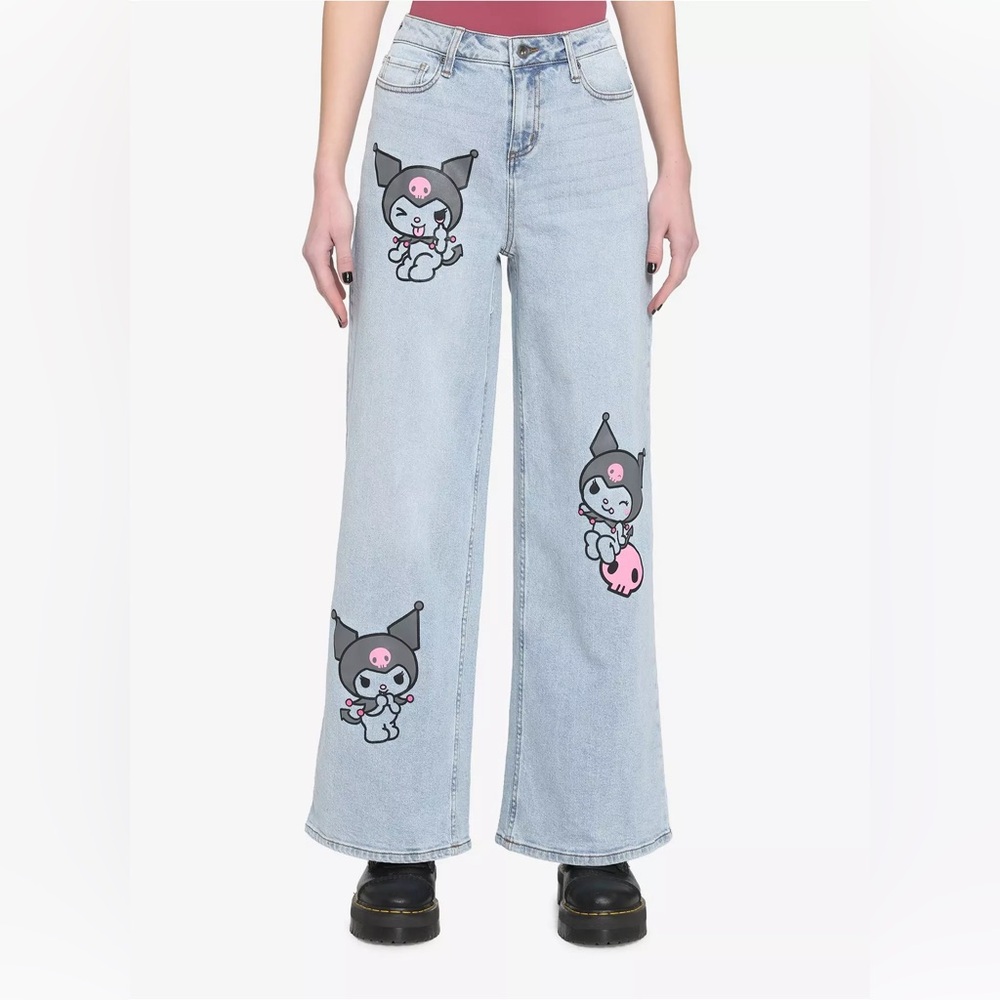 ! NEW ! Super Cute Oversized Sanrio Kuromi Light Blue Graphic Women Jean pants - Picture 3 of 5